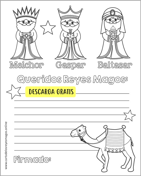 Carta de los tres reyes magos para colorear