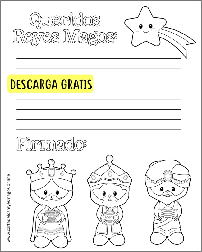 Carta Reyes Magos en blanco para colorear