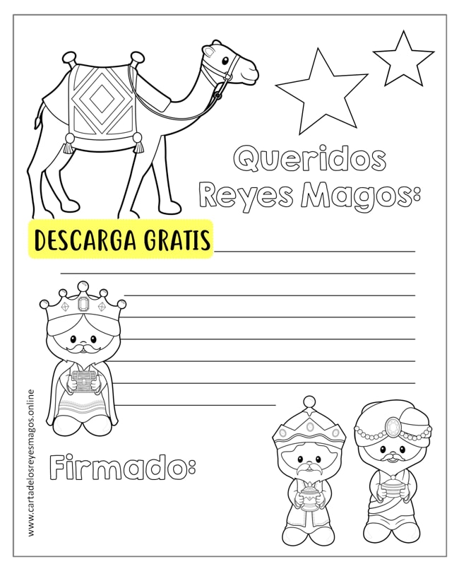 Carta Reyes Magos divertida para colorear niños