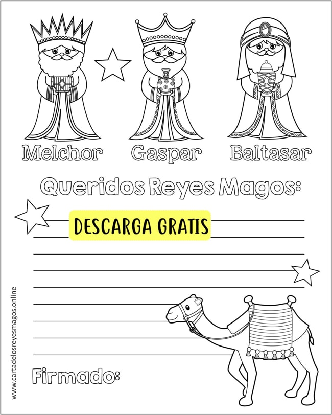 Carta Reyes Magos para colorear y rellenar